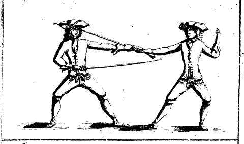 Line drawing of two people fighting with swords.
