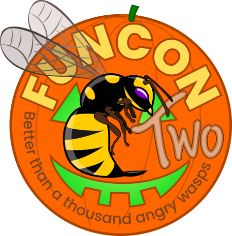 Variant of FunCon logo with wasp in front of carved pumpkin