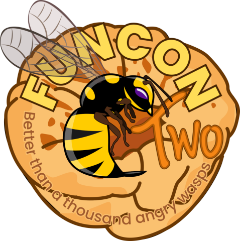 Variant of FunCon logo with wasp hovering over Yorkshire Pudding