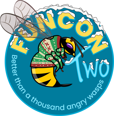 FunCon logo with snow covered lettering and the wasp wearing a Christmas Jumper
