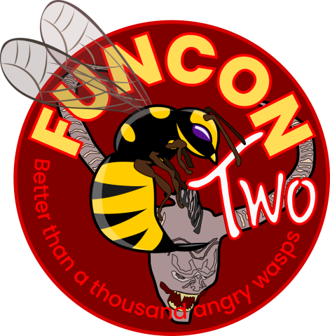 FunCon logo with red background and horned Krampus behind wasp