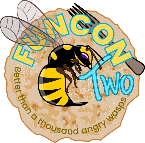 Funcon logo with pancake coated with sugar, and fork behind wasp