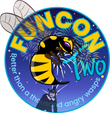 FunCon logo variation with fireworks in the background, Guy Fawkes in the foreground, and as usual, a wasp hovering over everything