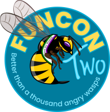 FunCon logo with wasp wearing suffergette sash