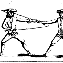 Line drawing of two people fighting with swords. 